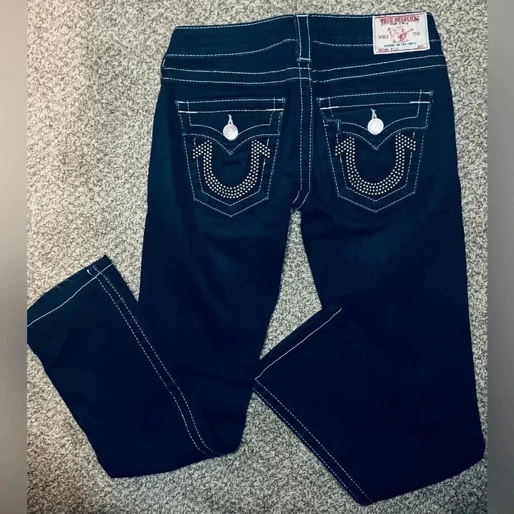True Religion Womens Billy Big T Jeans Sz 25 Dark Blue Wash white stitch flap - Picture 2 of 7